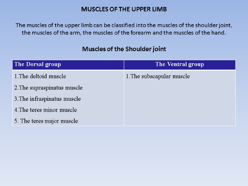 MUSCLES OF THE UPPER LIMB   The muscles of the upper limb can